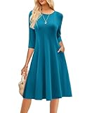 GRACE KARIN Fall Dresses for Women 2025 Casual 3/4 Sleeve Dress for Women A Line Fit and Flare Midi Dress with Pockets Peacock Blue L
