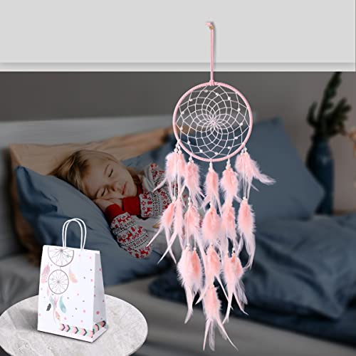 Dream Catcher Girl with Feathers Dream Catcher Gift Room Decorations (Champagne Pink)