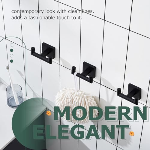 Image of KOKOSIRI Robe Hook Bathroom Double Towel Coat Hooks Matte Black for Bath Kitchen Wall Mounted, 3 Pack Stainless Steel B1015BK-P3