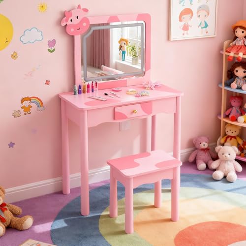 Image of Vanity Set,ShyneeMakeup Dressing Vanity Set Wooden Princess Makeup Table with Cushioned Stool,Drawer,Wooden Legs and Mirror, Make Up Dressing Play Set for Girls (Pink Cow)