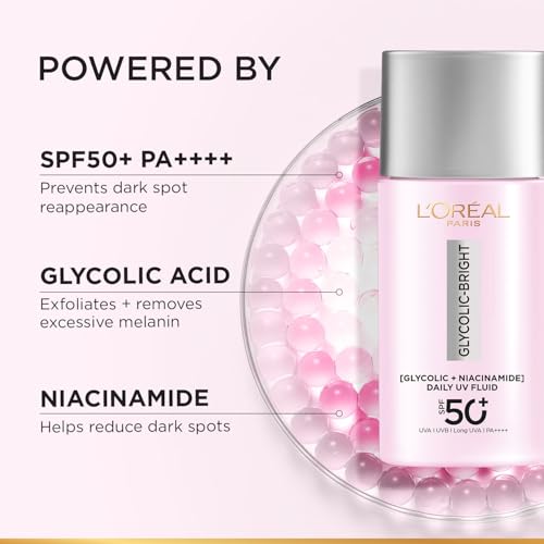 Image of L'Oreal Paris Glycolic-Bright UV Fluid Sunscreen SPF 50+, 50ml | PA++++ protection | Anti-dark spot, lightweight fluid, Non-Sticky