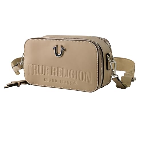 True Religion Camera Bag, Women's Mini Shoulder Handbag with Embossed Logo and Adjustable Shoulder Strap, Tan