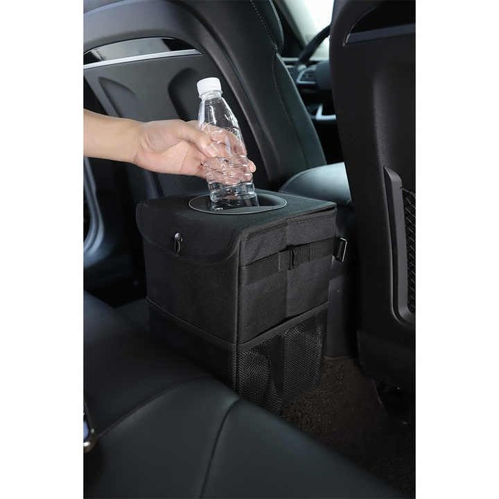 Image of Car Trash Can with Lid and Storage Pockets - 100% Leak-Proof Organizer, Waterproof Trash Can, Multi-Purpose Car Trash Can, 2 Gallon, Black
