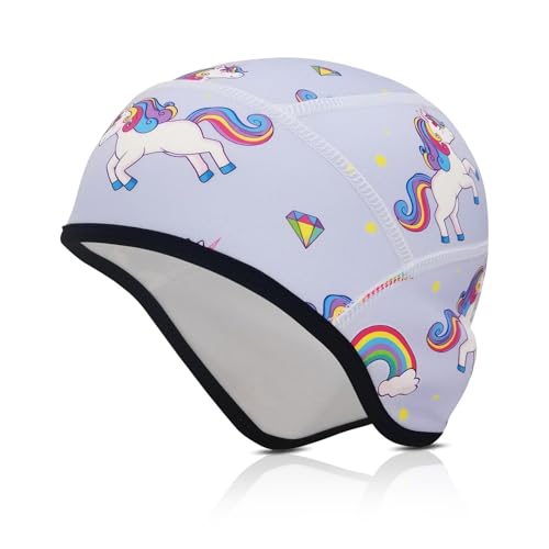 CHUANFU Fahrrad Mütze Kinder Helmmütze Kinder mit Ohrenschutz Wintermütze Fahrradhelm Unterziehmütze Winter Winddicht Elastische Mütze Fahrradhelm Sportmütze Laufmütze für Jungen Mädchen (Einhorn)