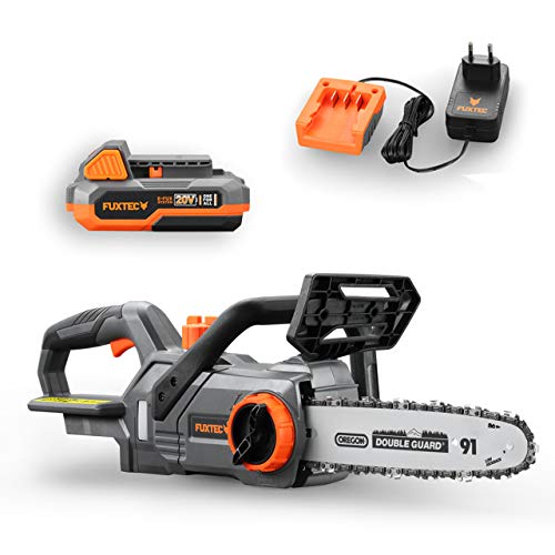 FUXTEC Akku Kettensäge 20V FX-E1KS20 Elektro Motorsäge inklusive 2Ah-Akku und 1A Ladegerät– Schwertlänge 10“, Kettengeschwindigkeit 5 m/s Für Holz- und Gartenarbeiten