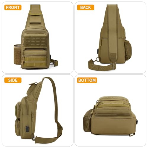 HUNTVP Taktische Brusttasche Herren Sling bag Militär Schultertasche Umhängetasche Tactical Chest Bag MOLLE Crossbody Bag für Alltag Reisen Wandern Camping (Braun)
