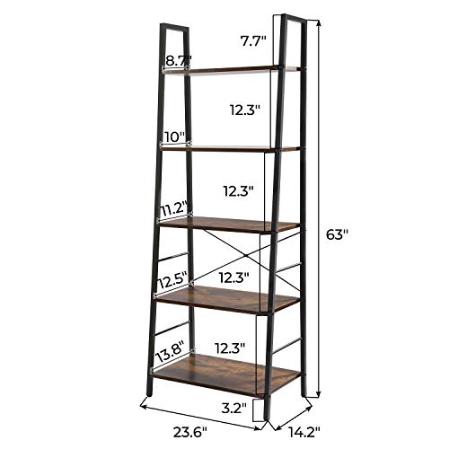 CHADIOR Ladder Bookshelf, 5-Tier Industrial, Freestanding Tall Wooden and Metal Frame Shelf, Narrow Etagere Bedroom and Living Room Easy Assembly Bookcases, Rustic Brown - Thumbnail 7