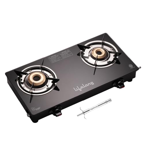 Image of Lifelong 2 Burner Gas Stove with Gas Lighter | Modern Glass Stove with 6mm Toughened Glass | High-Efficient Manual Ignition Cooktop | ISI Certified & LPG Compatible | 360 Flexible Gas Inlet (Black)