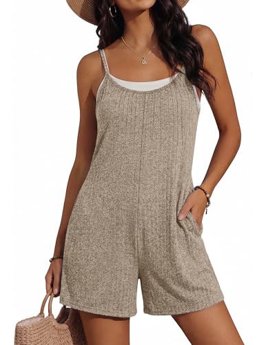 Ekouaer Womens Summer Casual Rompers 2026 Loose Sleeveless Overalls Adjustable Shorts Jumpsuits with Pockets Outfits Khaki Large