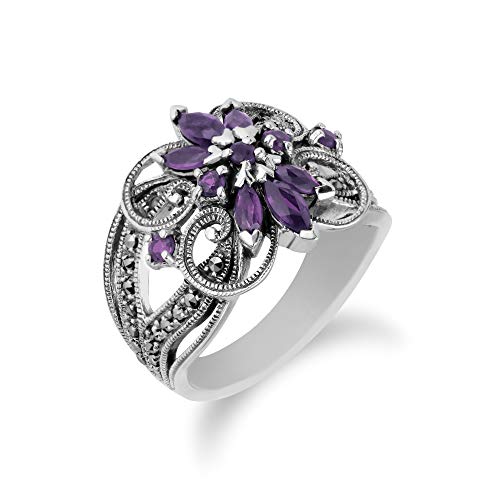 Image of Gemondo USA 925 Sterling Silver Amethyst & Marcasite Art Nouveau Ring Size 6, 7, 8, and 9