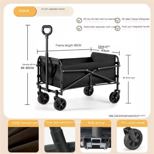 CHEMYO Strandtrolley, Campingwagen, zusammenklappbarer mobiler Wagen, Einkaufswagen für Outdoor-Camping, Picknickwagen, tragbarer Anhänger, Campingwagen, Trolley-Wagen (schwarz) – Bild 3
