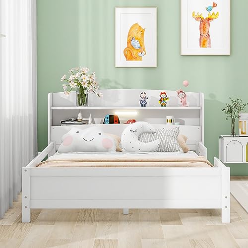 Full-Size-Bed-with-Storage-Headboard-and-Guardrail-Kids-Full-Platform-Bed-Wood-Frame-with-Built-in-LED-Light-for-Girls-BoysFull-SizeWhite Full Size Bed with Storage Headboard and Guardrail Kids Full Platform Bed Wood Frame with Built in LED Light for Girls BoysFull SizeWhite