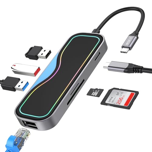 HRSDEIE USB C Hub Multiport Adapter with 100W PD Charging, 7-in-1 USB C Dock, 3 USB 3.0 Ports, 1Gbps Ethernet, SD/TF