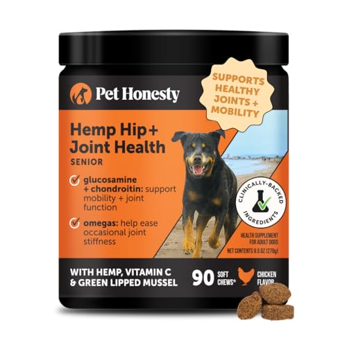 Senior Hemp Hip & Joint Supplement for Dogs - Dog Joint Supplement with Hemp Oil & Powder, Glucosamine, Collagen, MSM & Green Lipped Mussel - Mobility for Senior Dogs (Chicken 90)