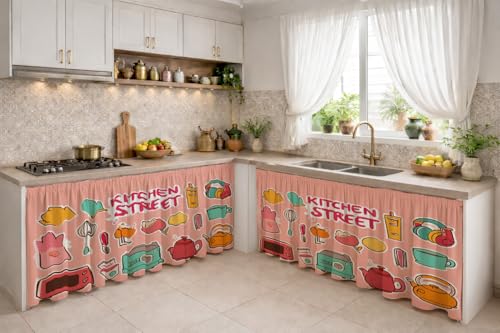 Image of Under Sink & Counter Curtain for Modular Kitchen - Printed Fabric Rod Pocket Hanging Skirt, Washable Under-Counter Cover, Pack of 2 Panels (Each Panel: 150 x 70 cm) (Kitchen Street)