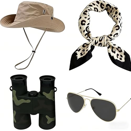 RAOPNHS 4 Stk Jäger Geschenke Set für Outdoor Abenteuer Safari Hut mit Kinnriemen Safari Kleidung Damen Zubehör Fernglas in Tarnmuster Pilot Brille & Leoparden Halstuch Khaki Camo