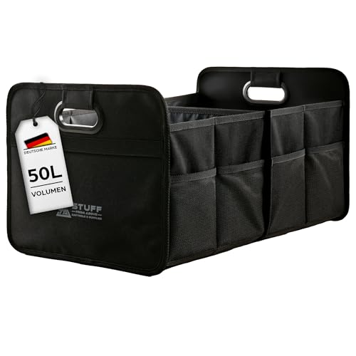 stuff from above® Kofferraumtasche, schwarz, groß, aus Polyester (57x35x30cm) - Organizer Auto mit Klett - Zubehör für Kofferraum Falttasche Einkaufstasche Box Ordnungssystem Tragetasche Kofferraumbox