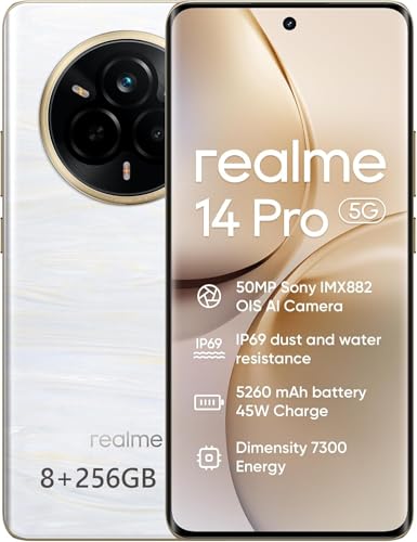 realme 14 Pro 5G Smartphone, teléfonos móviles Android con 50MP OIS Cámara, Dimensity 7300 5G, 120Hz 6.77'' OLED Display, 5000mAh Batería, 45W Carga rápida, NFC 8+256GB - Blanco
