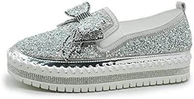 Women's Platform Rhinestones Glitter Sneaker Cute Bow Slip On Comfort Sneaker Flat Loafer Casual Shoes (Silver, Numeric_10_Point_5)