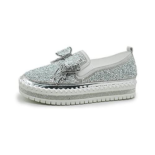 Women's Platform Rhinestones Glitter Sneaker Cute Bow Slip On Comfort Sneaker Flat Loafer Casual Shoes (Silver, Numeric_10_Point_5) #TOP1
