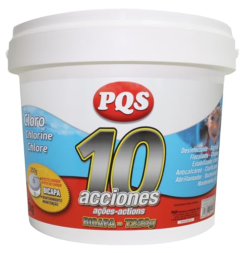 PQS - Cloro 10 Acciones Bicapa T – Tabletas 250 g – Producto para el Tratamiento y Mantenimiento del Agua de Piscinas – Uso No Profesional