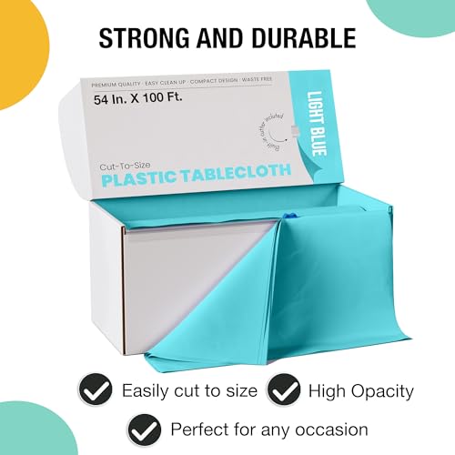 Image of Exquisite Light Blue Plastic 54x100in Table Cover Roll with Built-in Cutter - 100 Feet, Disposable, Waterproof, All-Season, Rectangular