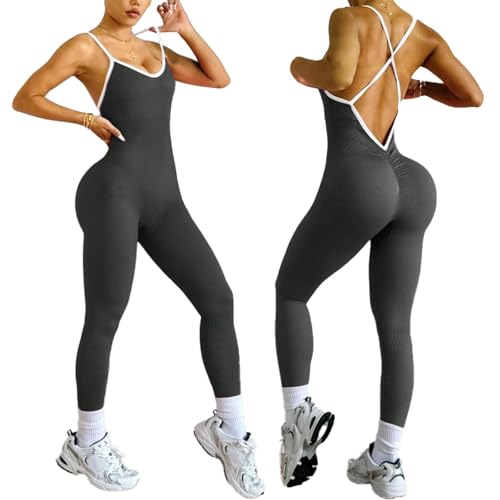 XDSP Combinaison Femme Sport Sans Couture Jumpsuit de Yoga sans Manches Élastique Skinny Une Pièce Survêtements Rembourrée Sexy Gym Combishort Côtelé...
