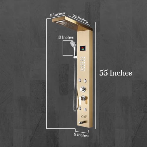 Image of ZAP X9 Gold Shower Panel System with LED Temperature Display | Rainfall Top Shower, Hand Shower, Body Massage Jets & Bucket Filler | Multi-Function Stainless Steel Bathroom Shower Unit