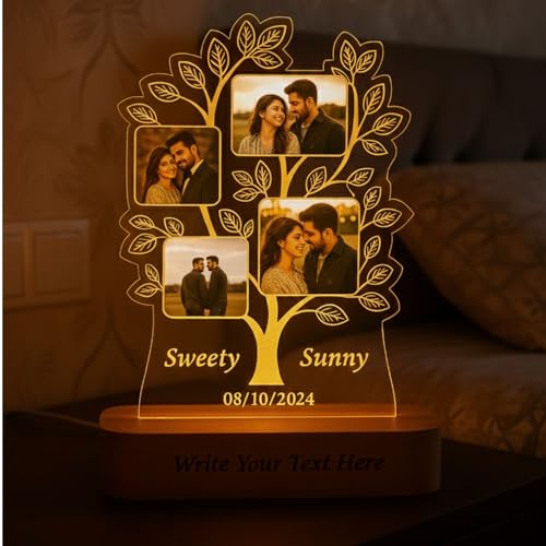Image of Personalized 3D Illusion Family Tree Photo Night Lamp Gift for Couple Birthday, Brother Sister Anniversary, Wedding, Engagement (28cmx18cm)- Multicolor