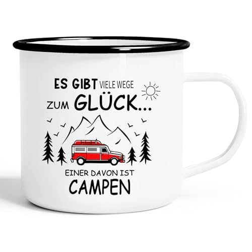Emaille Tasse Camping Becher zum Campen Ausrüstung Geschenke für Camper Familie Womo-Bewohner Freunde Deko für Wandern Wohnwagen Wohnmobil Ausflüge Campingurlaub Zubehör, weiß-schwarz, 300ml Emaille Tasse Camping Becher zum Campen Ausrüstung Geschenke für Camper Familie Womo-Bewohner Freunde Deko für Wandern Wohnwagen Wohnmobil Ausflüge Campingurlaub Zubehör, weiß-schwarz, 300ml