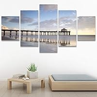 5 Panel Canvas Wall Art Manhattan Beach Pier on a Cloudy Evening Pictures Modern Artwork for Home Decorations Ready to Hang - 60