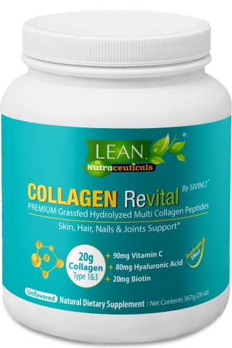 Collagen Peptides Powder, 20 Grams - with Biotin, Hyaluronic Acid and Vitamin C - Hair, Skin and Nail Supplements for Women and Men - Promote Hair Thickening and Growth by Lean Nutraceuticals