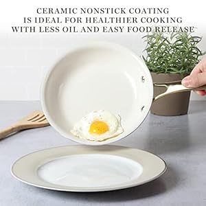 Martha stewart lockton premium nonstick pfa free ceramic interior 10 piece heavy gauge enamel aluminum pots and pans cookware set linen white wgold handle  urban country home decor