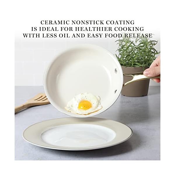 Martha stewart lockton premium nonstick pfa free ceramic interior 10 piece heavy gauge enamel aluminum pots and pans cookware set linen white wgold handle  urban country home decor
