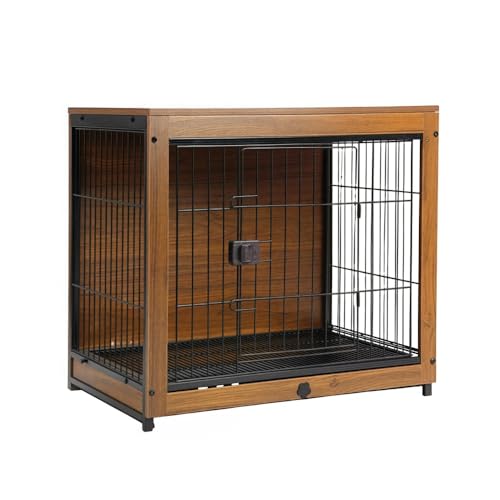 Pakabiペッ トケージ、木製家具スタイルの犬用ケージ、犬用ラップ、大型犬と中型犬に最適、屋内スタイルの犬用ケー ジ、頑丈でスタイリッシュ (イエローウォールナット,74*52*65cm)