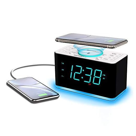 Emerson Radio ER100401 Smartset Alarm Clock Radio, 15Watt Ultra Fast Wireless Charging Dual Alarm Clock Radio with Bluetooth Speaker, USB Charger, Cyan LED Night Light and 1.4" Display