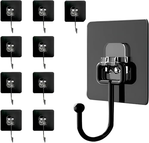Image of Large Self Adhesive Wall Hooks - Waterproof Stainless Steel Sticker Hook for Hanging Towels, Utensils, Keys, Clothes | Wall Mount Hook for Kitchen & Bathroom (7 X 7) (Black, 10)