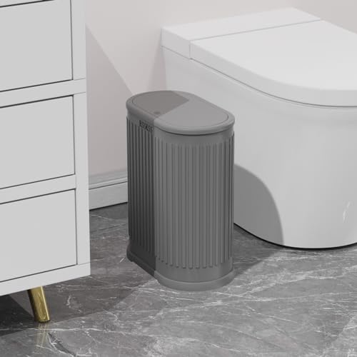 Image of KSSKSS 1.8 Gallons Small Stainless Steel Trash Can with Press Type Lid, Slim Bathroom Garbage Bin, Removable Liner Bucket, Dog Proof Narrow Wastebasket with Pop-Up Lid for Bedroom,Toilet (Gray)