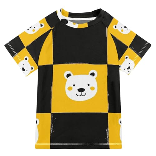 Jucciaco Boys Swing Shirts Bear Grid Yellow Cartoon Rashguard Short Sleeve Kids T-Shirts Sun UPF 50+
