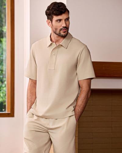 Kallspin Men's Two Piece Outfit Polo Style Shirt and Drawstring Shorts Set Casual Lightweight Summer Vacation Beachwear4