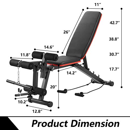 Adjustable Weight Bench Multi-Purpose Workout Bench Home Strength Training,Flat Incline Decline Exercise Bench with Leg Extension and Curl (Red line)