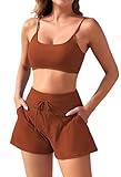 Pink Queen Women's Swimsuit Bikini Set Two Piece Square Neck Bathing Suit Retro High Waist Tummy Control Swim Shorts Sets Brown L
