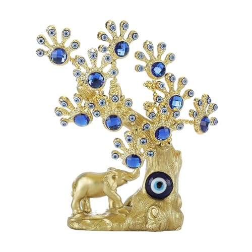 Image of eCraftIndia Blue Crystal and Evil Eye Lucky Tree with Gold Elephant Turkish Amulet Table Centerpiece Ornament Showpiece for Home Decor Office Protection Gift for Housewarming Birthday