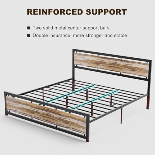 IKIFLY California King Size Metal Bed Frame/Industrial Cal King Platform Bed with Wooden Headboard Footboard/Heavy Duty Steel Slats Support/No Box Spring Needed(Cal King, Light Brown)