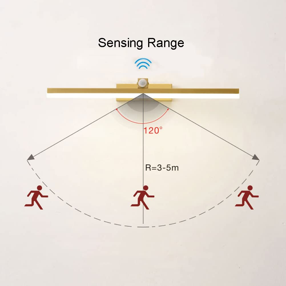 Espejo de luz LED de latón con sensor de movimiento, lámpara de pared de maquillaje para baño, iluminación frontal de tocador con interruptor, ángulo ajustable, blanco cálido 4000K, 12W / 58CM