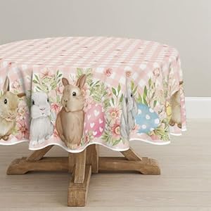 Horaldaily easter tablecloth 7070 inch round bunnies pink buffalo plaid spring washable table cover for party picnic dinner decor  urban country home decor
