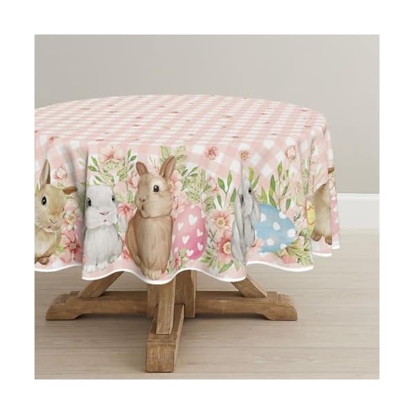 Horaldaily easter tablecloth 7070 inch round bunnies pink buffalo plaid spring washable table cover for party picnic dinner decor  urban country home decor