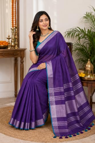 Image of HAIDER ALI AND SONS Grey Cotton Linen Saree for Women | Soft Linen Slub Blend Saree with Running Blouse Piece | Lightweight Handloom Style Saree | Office, Casual, Party & Festival Wear