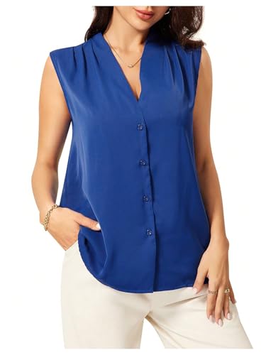 Milumia Women's Casual Sleeveless Button Down Blouse Tank Tops V Neck Vest