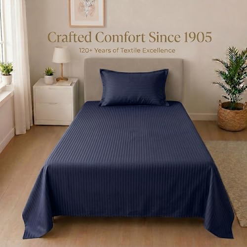 Image of Mafatlal Classic 210 TC 100% Cotton Single Bedsheet | 90 x 60 Inches Cotton | Italian Stripes Pattern | Smooth Feel & Easy Care | Navy Blue